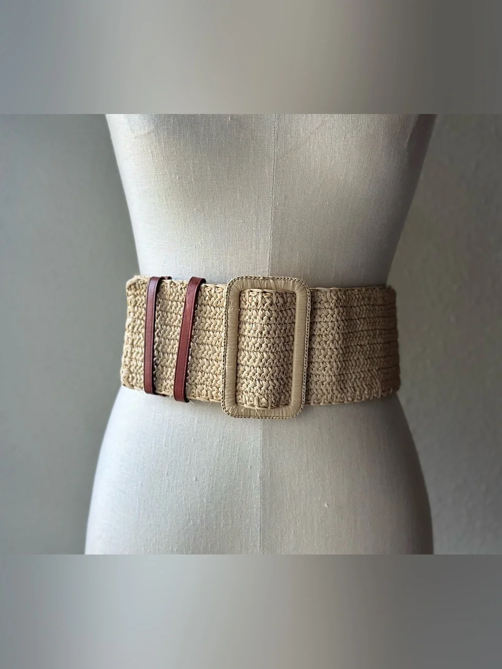 Polo Ralph Lauren Raffia Belt Beige Brown Woven Leather Trim Whipstitch Womens S